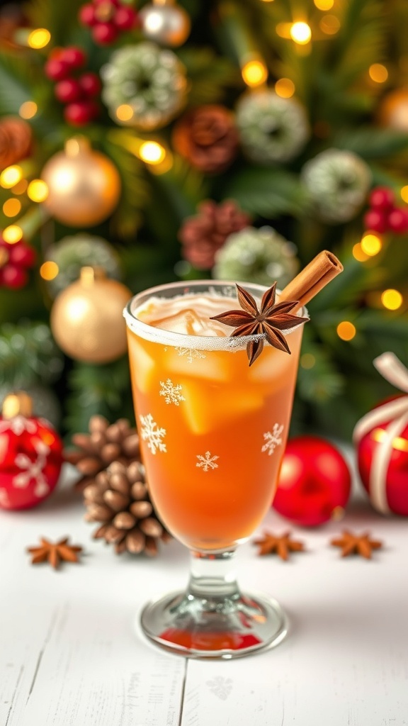 A festive gingerbread spice mocktail with a cinnamon stick and star anise, surrounded by Christmas decorations.