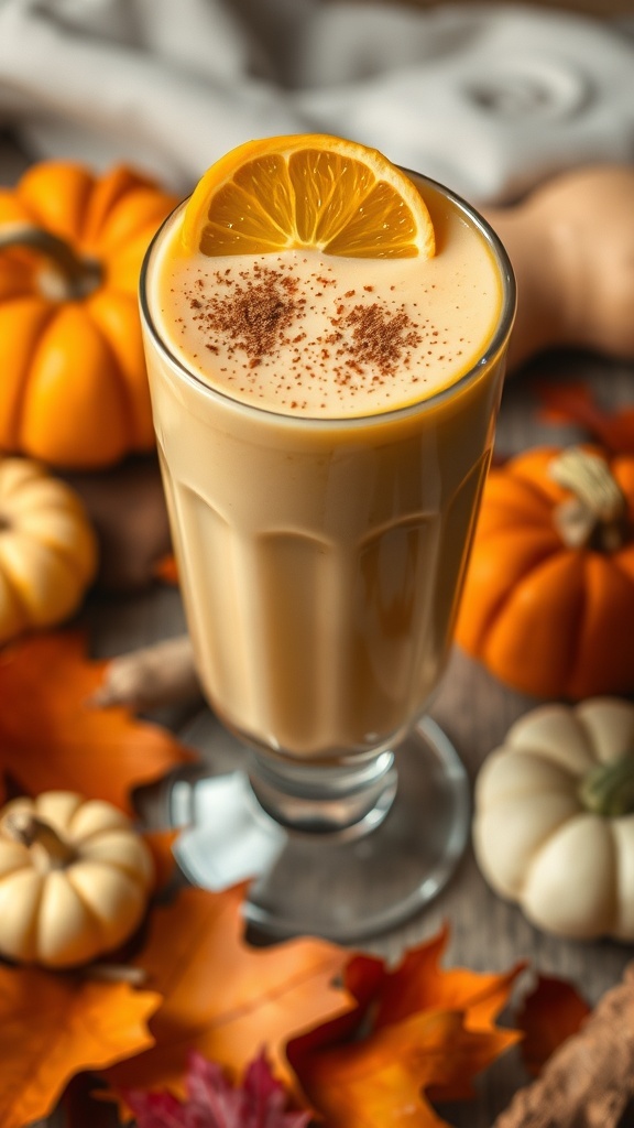 A glass of gingered sweet potato smoothie topped with a slice of orange and surrounded by pumpkins and autumn leaves.