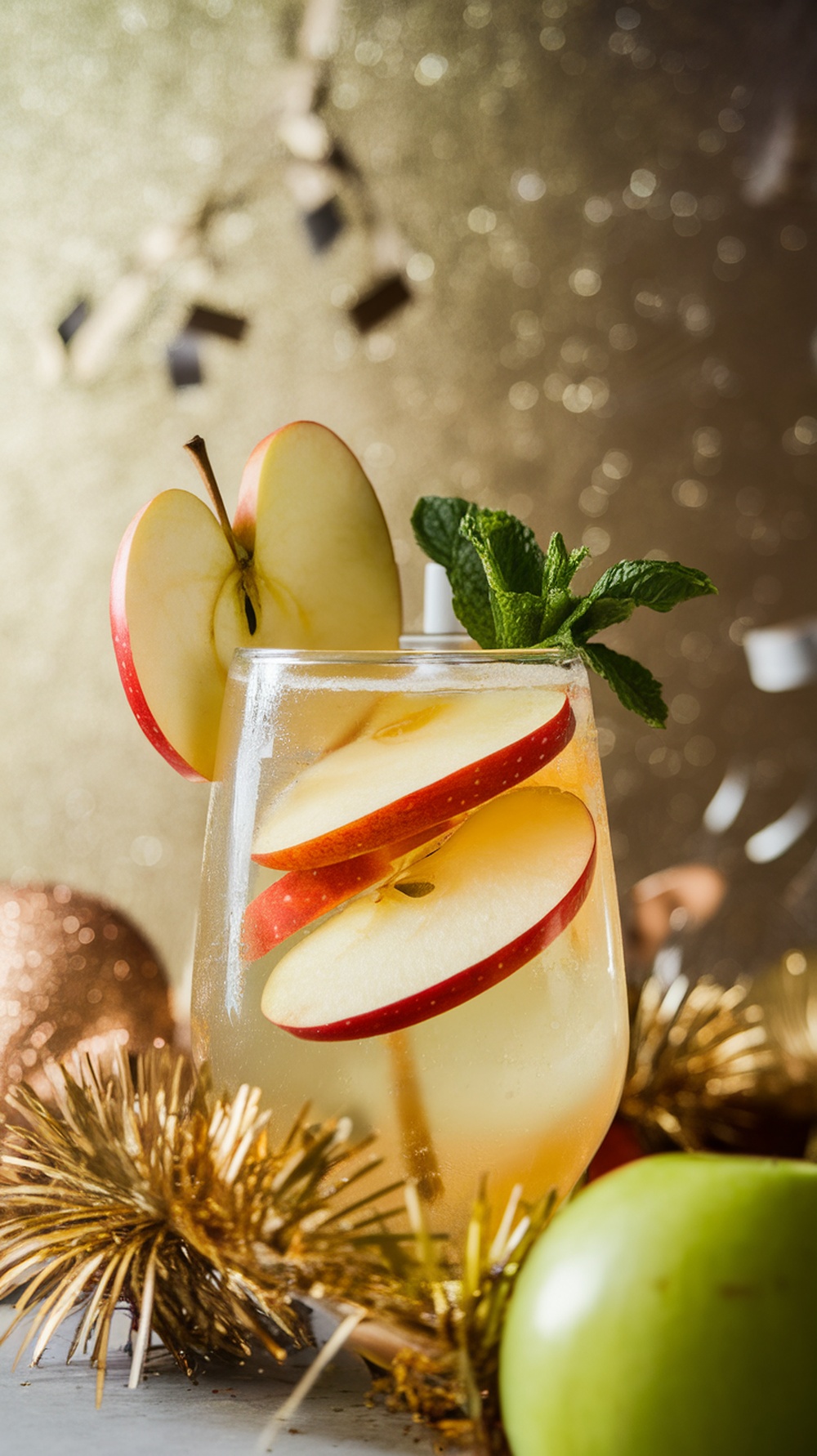 Golden Apple Ginger Spark Mocktail with apple slices and mint leaves