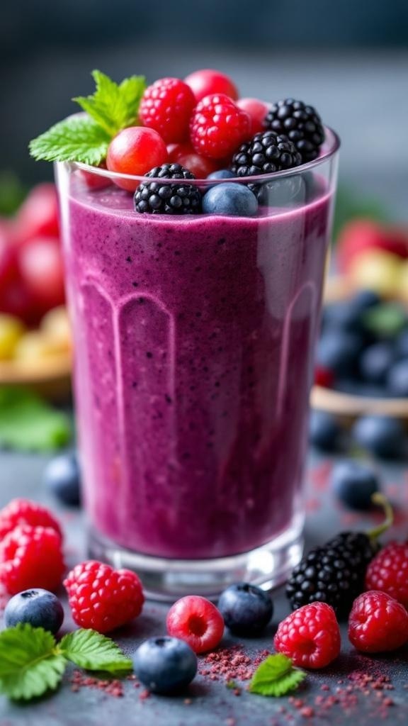 A vibrant Grape Berry Burst Smoothie topped with fresh berries and mint leaves.
