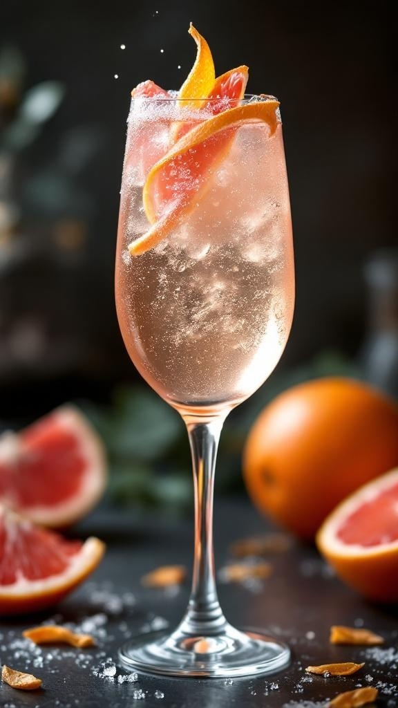A sparkling grapefruit fizz mocktail in a glass, garnished with grapefruit slices.