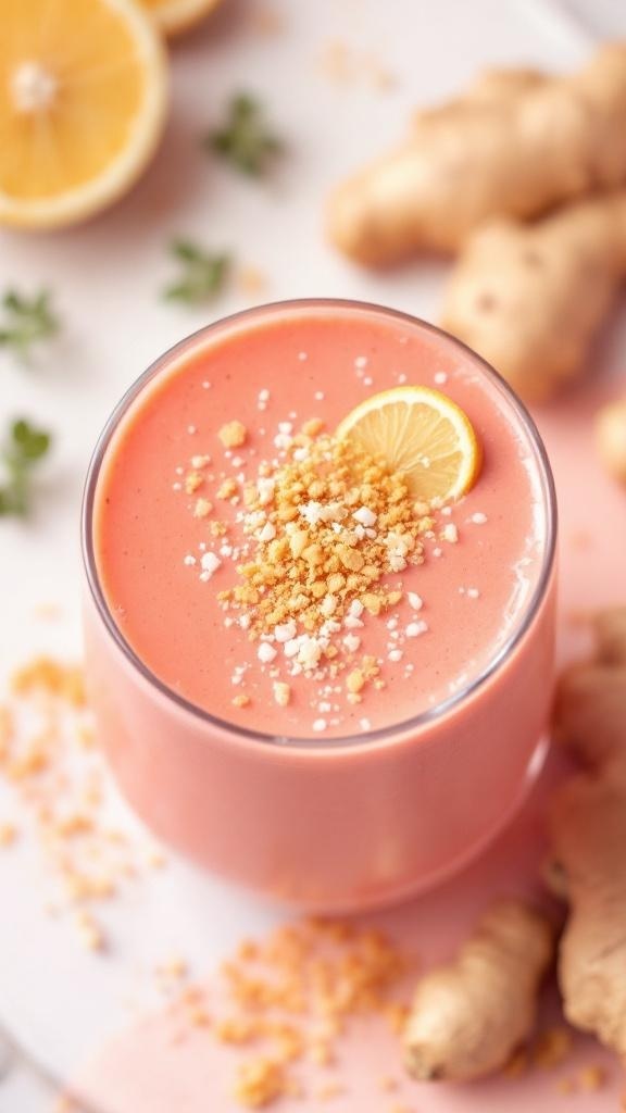 A vibrant grapefruit ginger smoothie topped with lemon and ginger pieces.