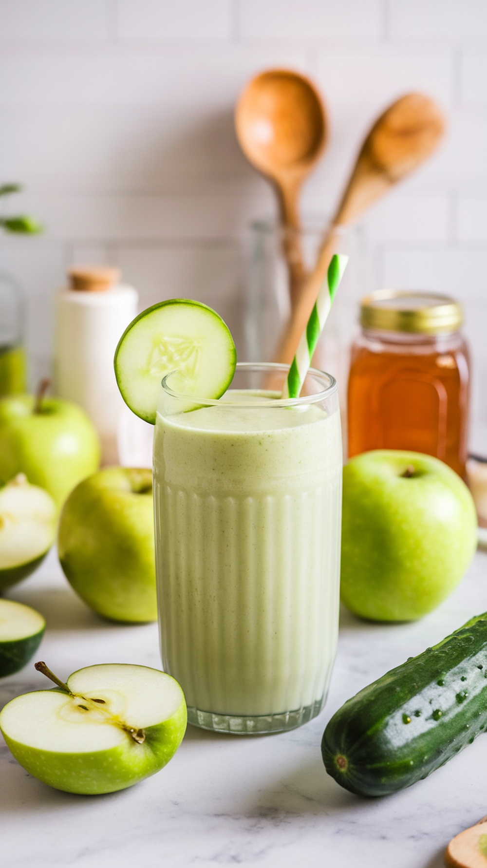 A green apple cucumber smoothie in a glass with a slice of cucumber on the rim.