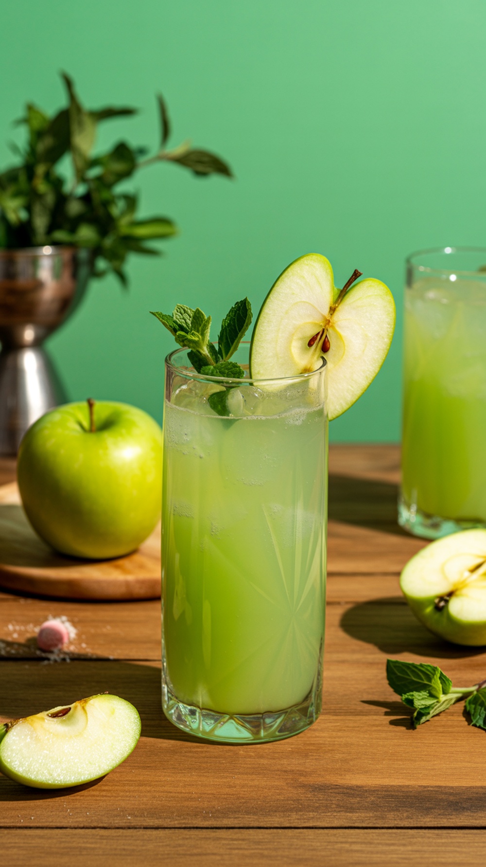 A refreshing green apple ginger mocktail garnished with mint leaves and apple slices.