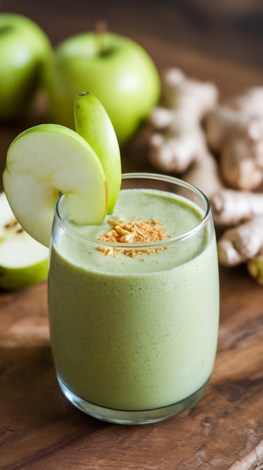 A green smoothie with a slice of green apple and ginger on a wooden table.