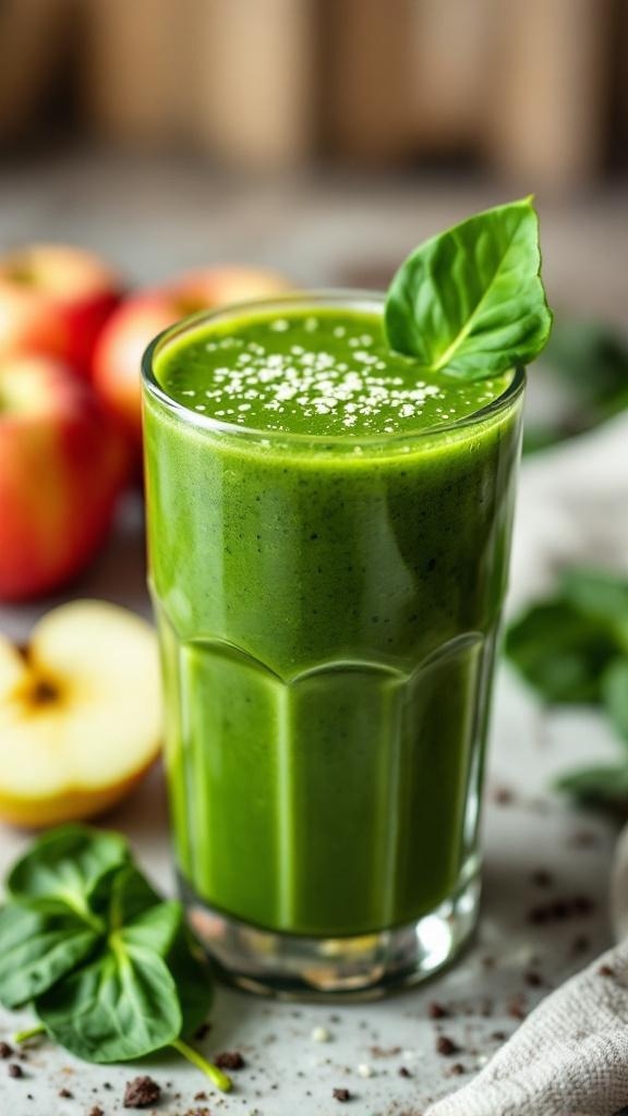 A green smoothie in a glass with spinach and apples in the background.