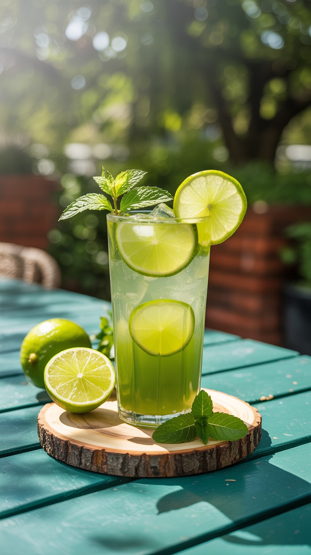 A refreshing green grape citrus twist mocktail garnished with lime slices and mint leaves.