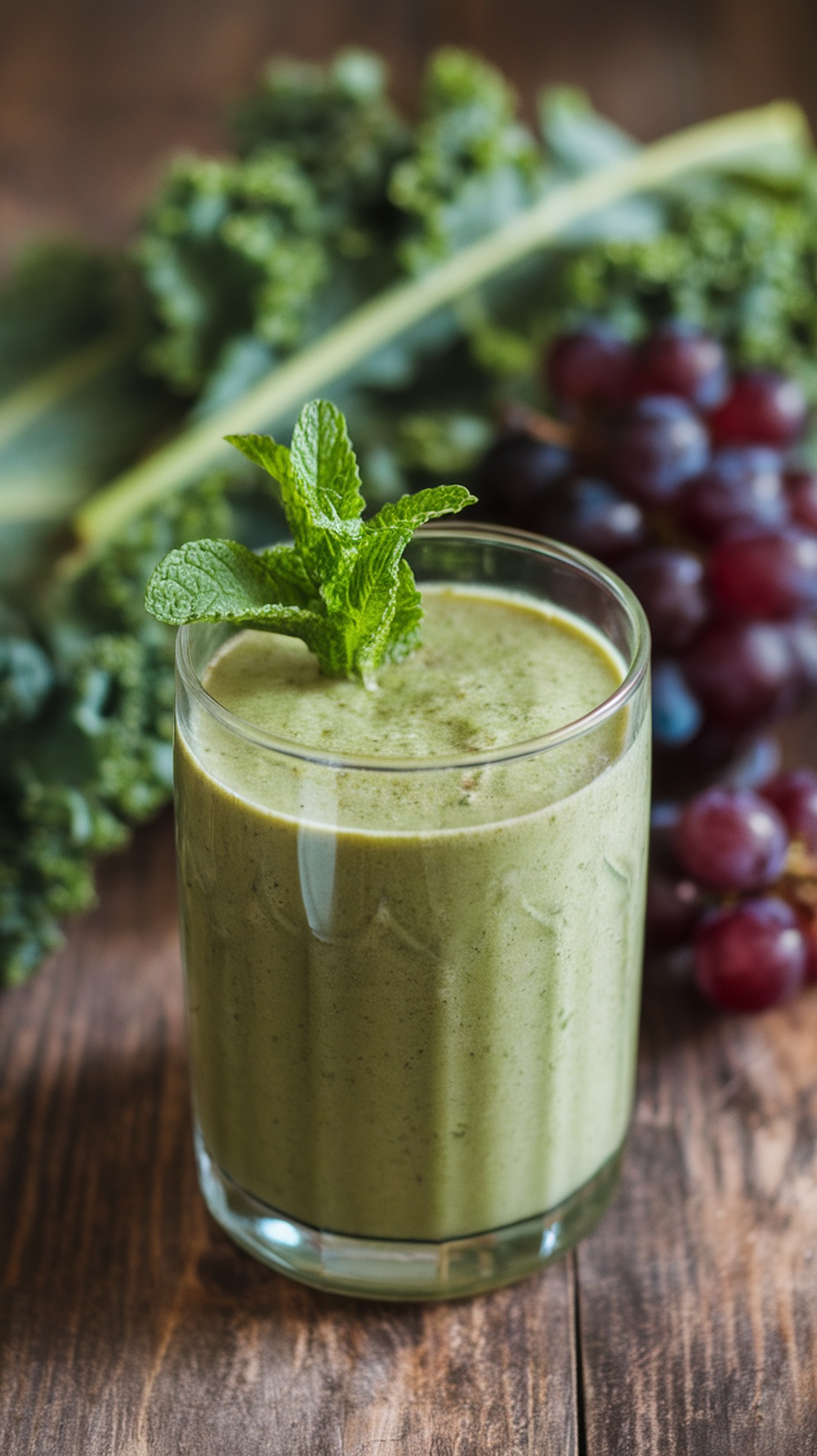 A refreshing green smoothie made with kale and green grapes, garnished with mint leaves.
