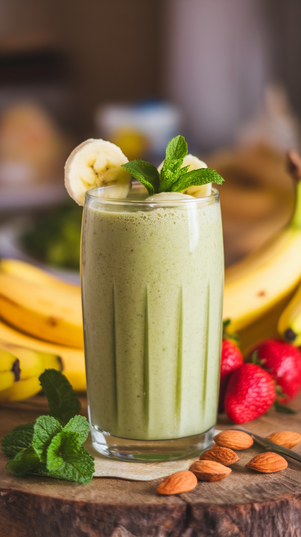 A glass of green tea banana smoothie garnished with banana slices and mint leaves, surrounded by bananas and strawberries.