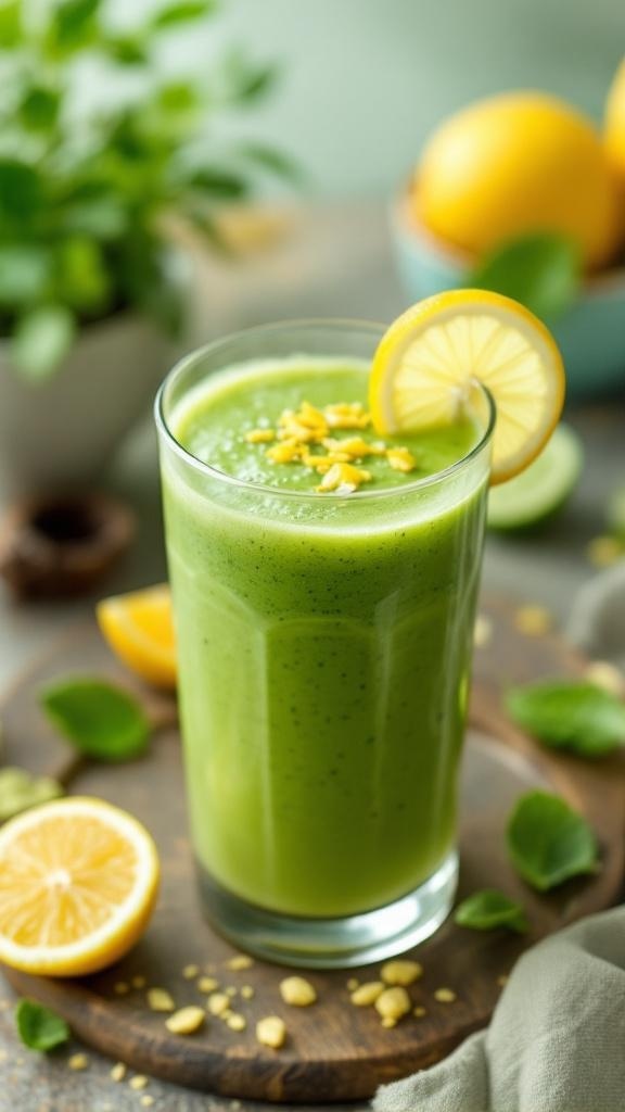 A refreshing green tea citrus smoothie garnished with a lemon slice.