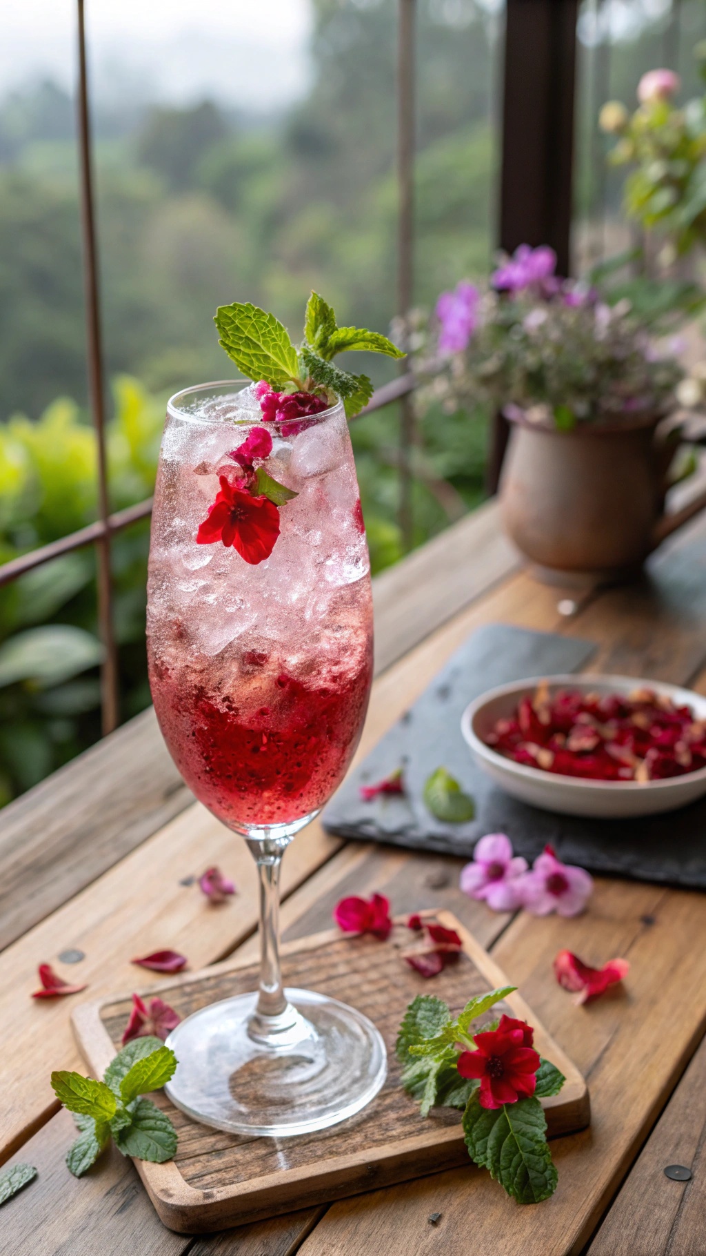 A refreshing Hibiscus Rosewater Fizz Mocktail garnished with flowers and mint leaves