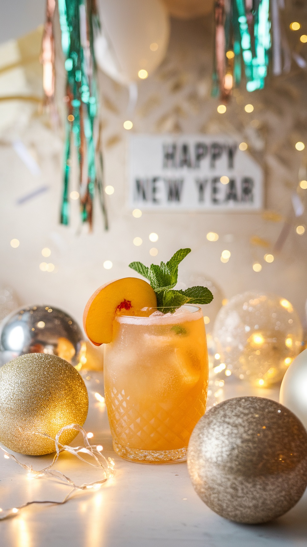 A festive mocktail with peach slice and mint, surrounded by holiday decorations.
