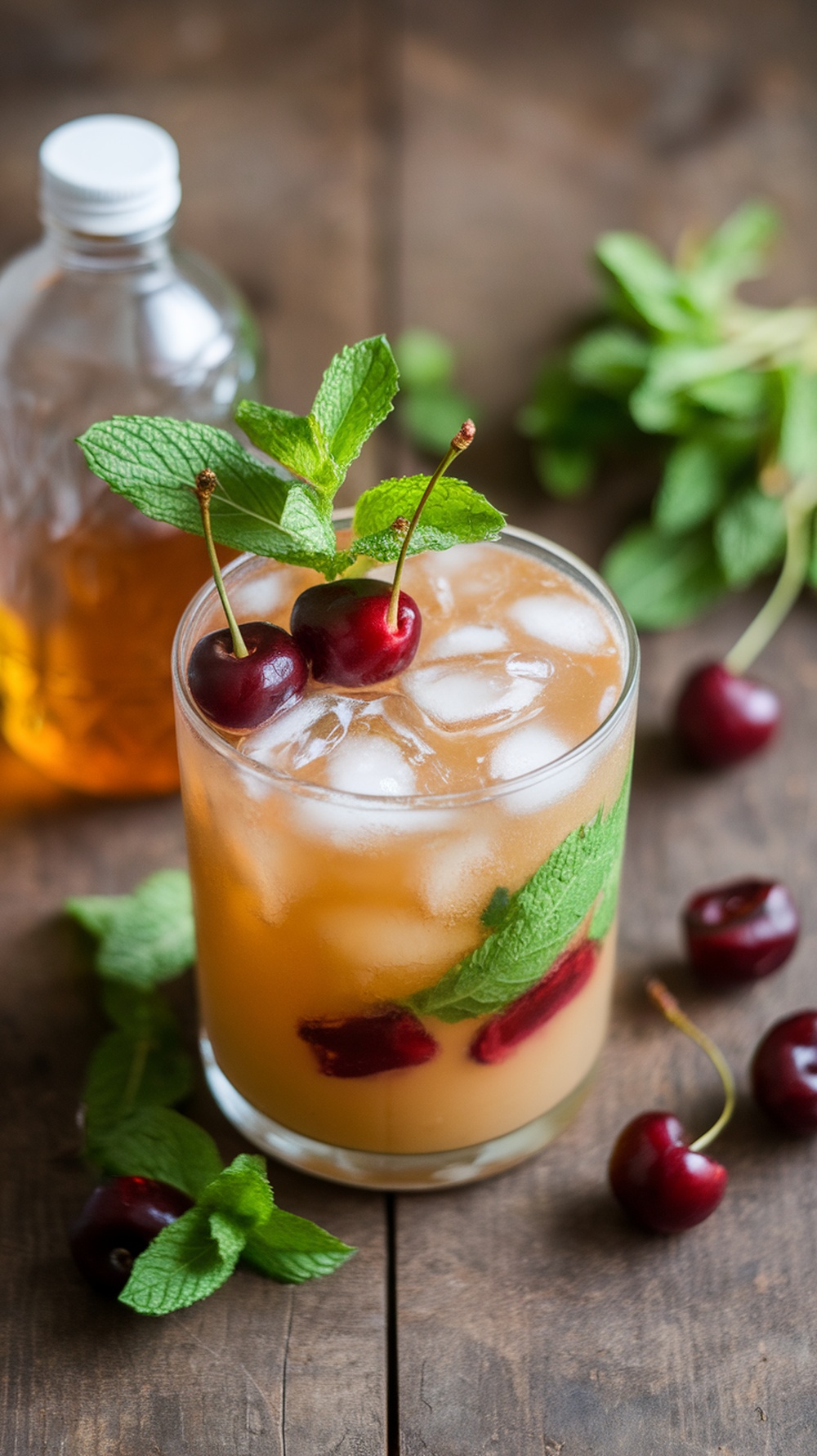 A refreshing Honey Tart Cherry Mint Mocktail with mint leaves and cherries.