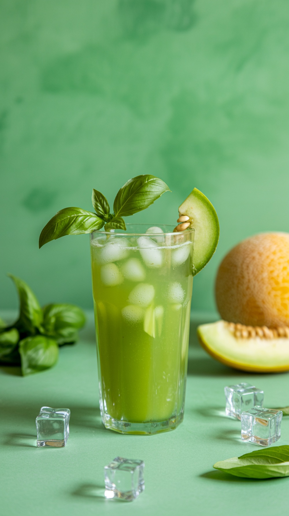 A refreshing Honeydew Basil Breeze Mocktail in a glass with basil leaves and honeydew slices.