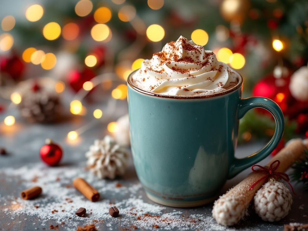 A cozy cup of hot cocoa topped with whipped cream and chocolate shavings, surrounded by festive decorations.