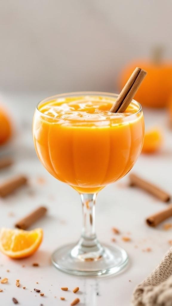 A Jack-O’-Lantern Citrus Mocktail in a glass with a cinnamon stick, surrounded by oranges and cinnamon sticks.