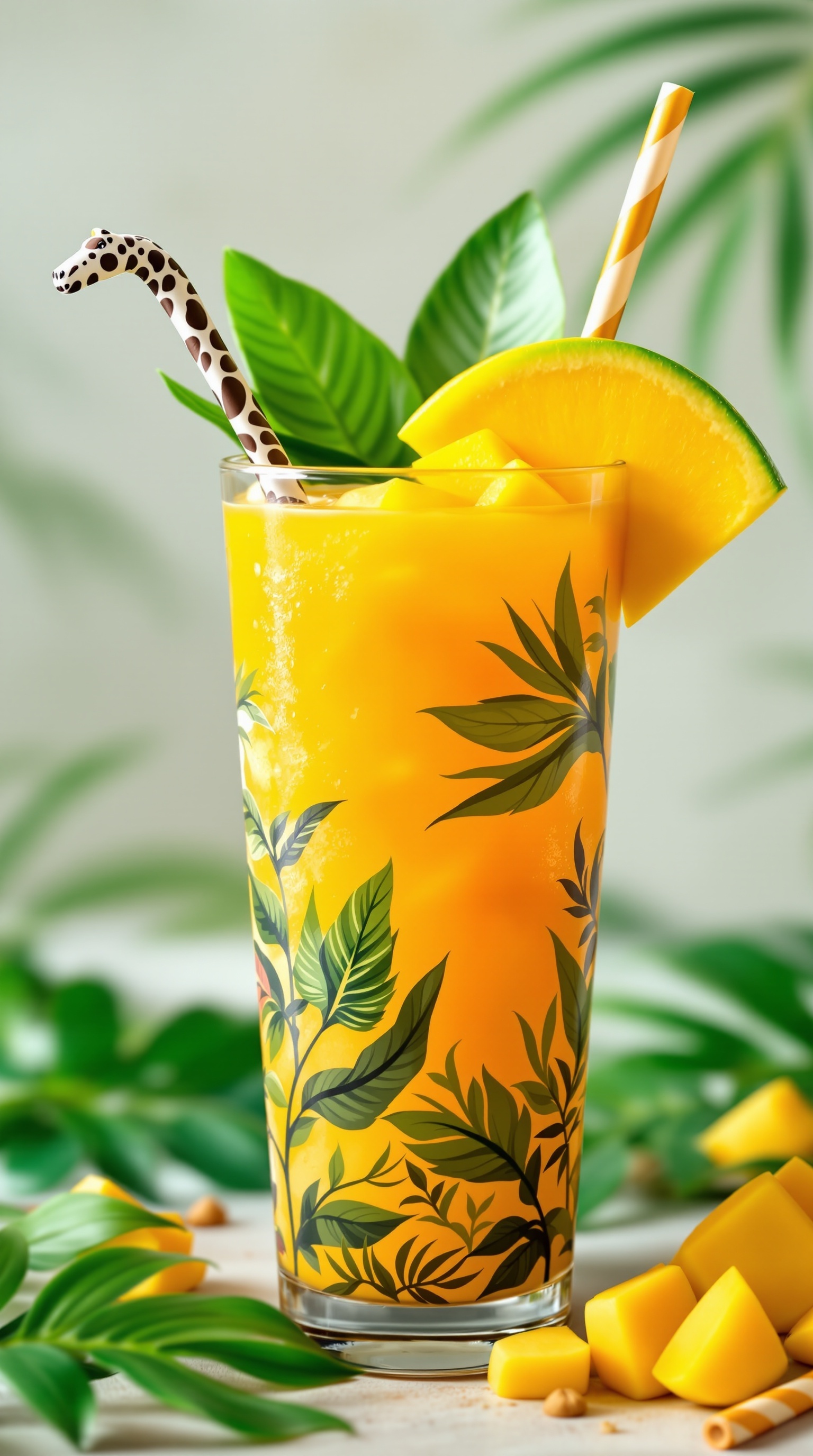 A vibrant mango mocktail with a giraffe straw and tropical leaves.
