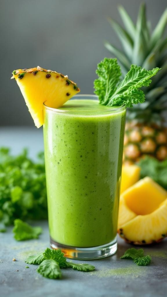 A green smoothie with kale and pineapple, garnished with a pineapple slice and mint leaves.