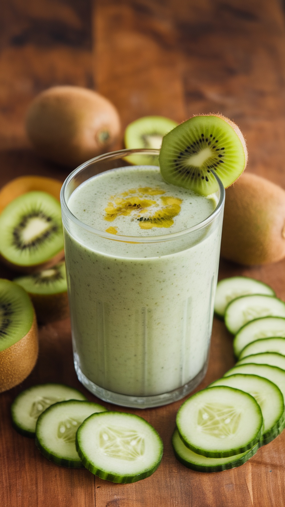 A refreshing kiwi cucumber smoothie in a glass, surrounded by sliced cucumbers and whole kiwis.
