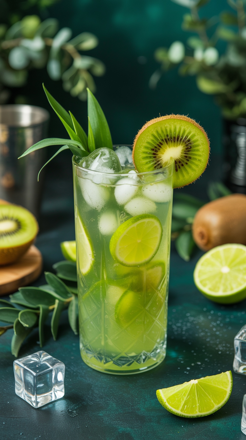 A refreshing Kiwi Lime Sparkle Mocktail with kiwi slices and lime wedges.