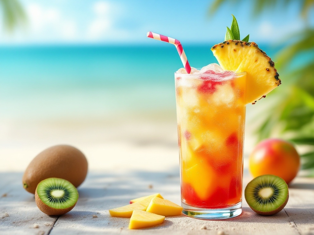A colorful kiwi mango pineapple splash mocktail in a glass with a straw, surrounded by fresh fruits.