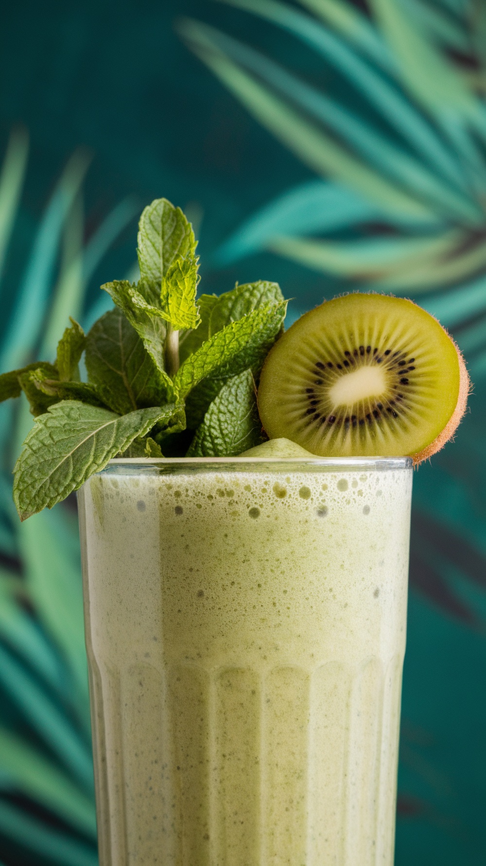 A glass of Kiwi Mint Green Zen Smoothie topped with mint leaves and a slice of kiwi.