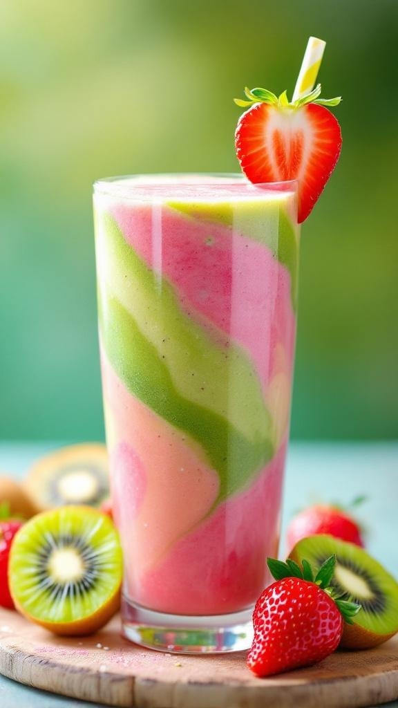 A colorful smoothie made with kiwi and strawberries, garnished with a strawberry on top.