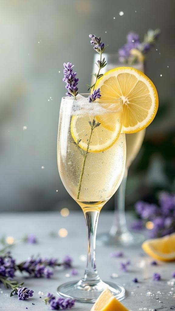 A glass of Lavender Lemon Celebration Mocktail garnished with lemon slices and lavender flowers.