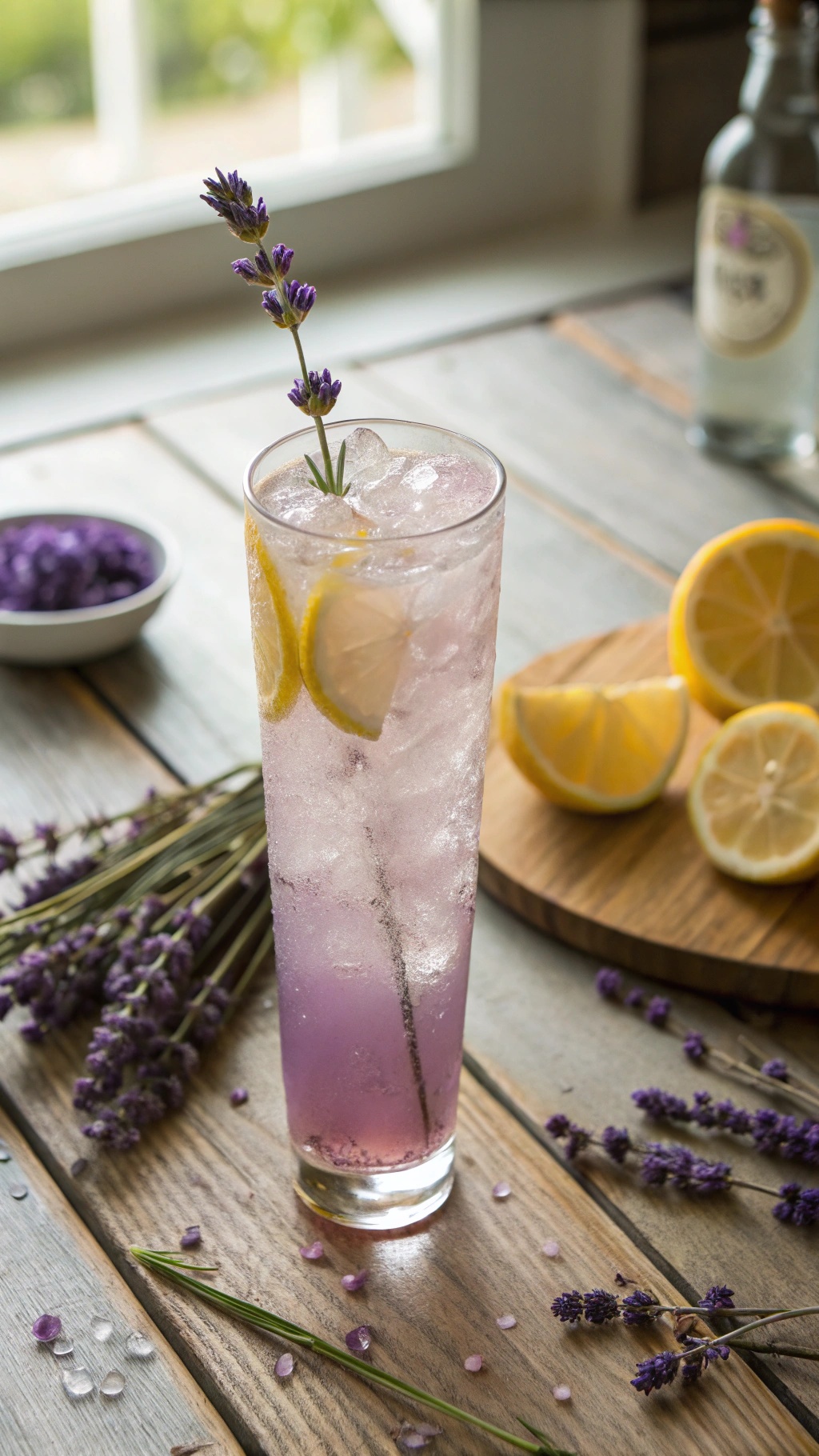 A refreshing Lavender Lemon Sparkle Mocktail garnished with lemon slices and lavender sprigs.