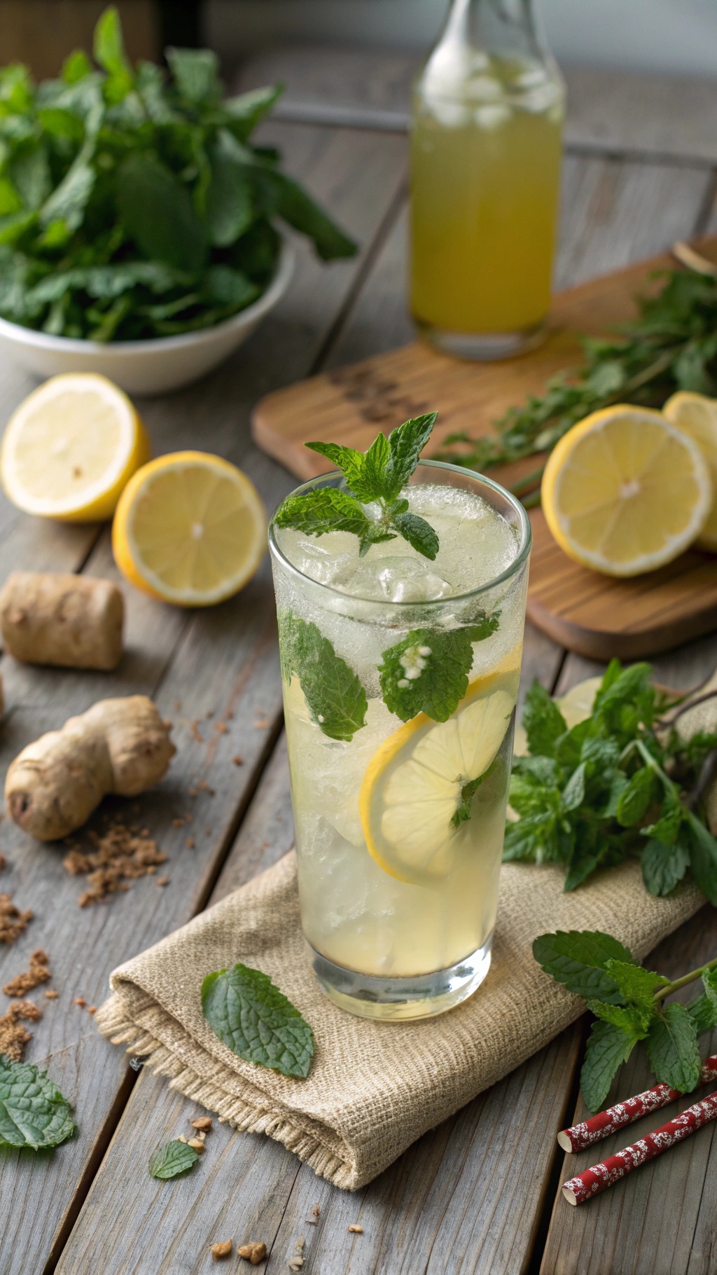 A refreshing Lemon Balm Ginger Zing Mocktail with mint and lemon slices