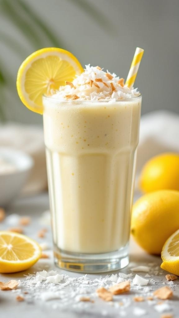 A refreshing lemon coconut energy smoothie topped with coconut flakes and a lemon slice.