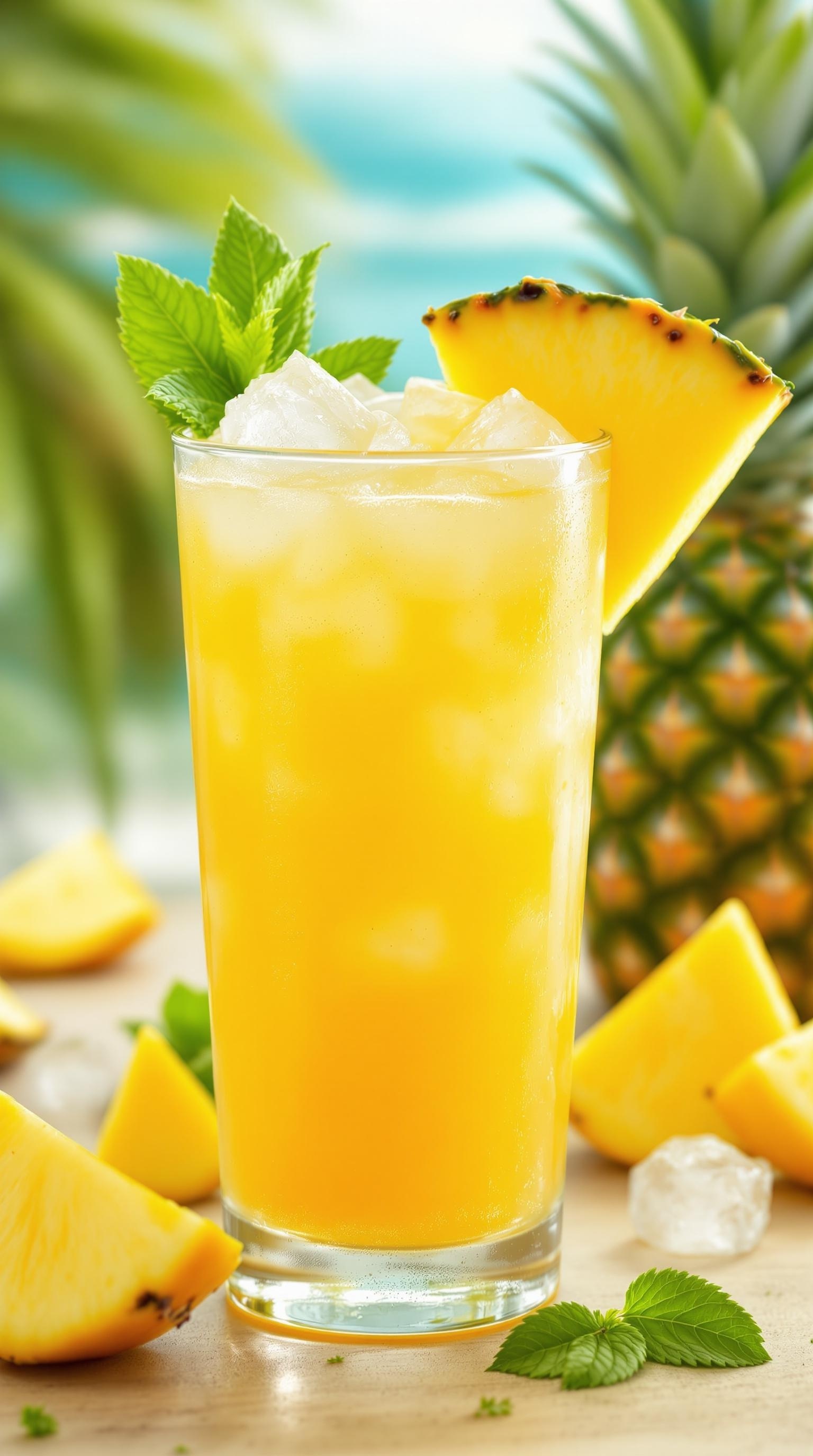 A vibrant Lilikoi Pineapple Surf Mocktail garnished with mint and pineapple.
