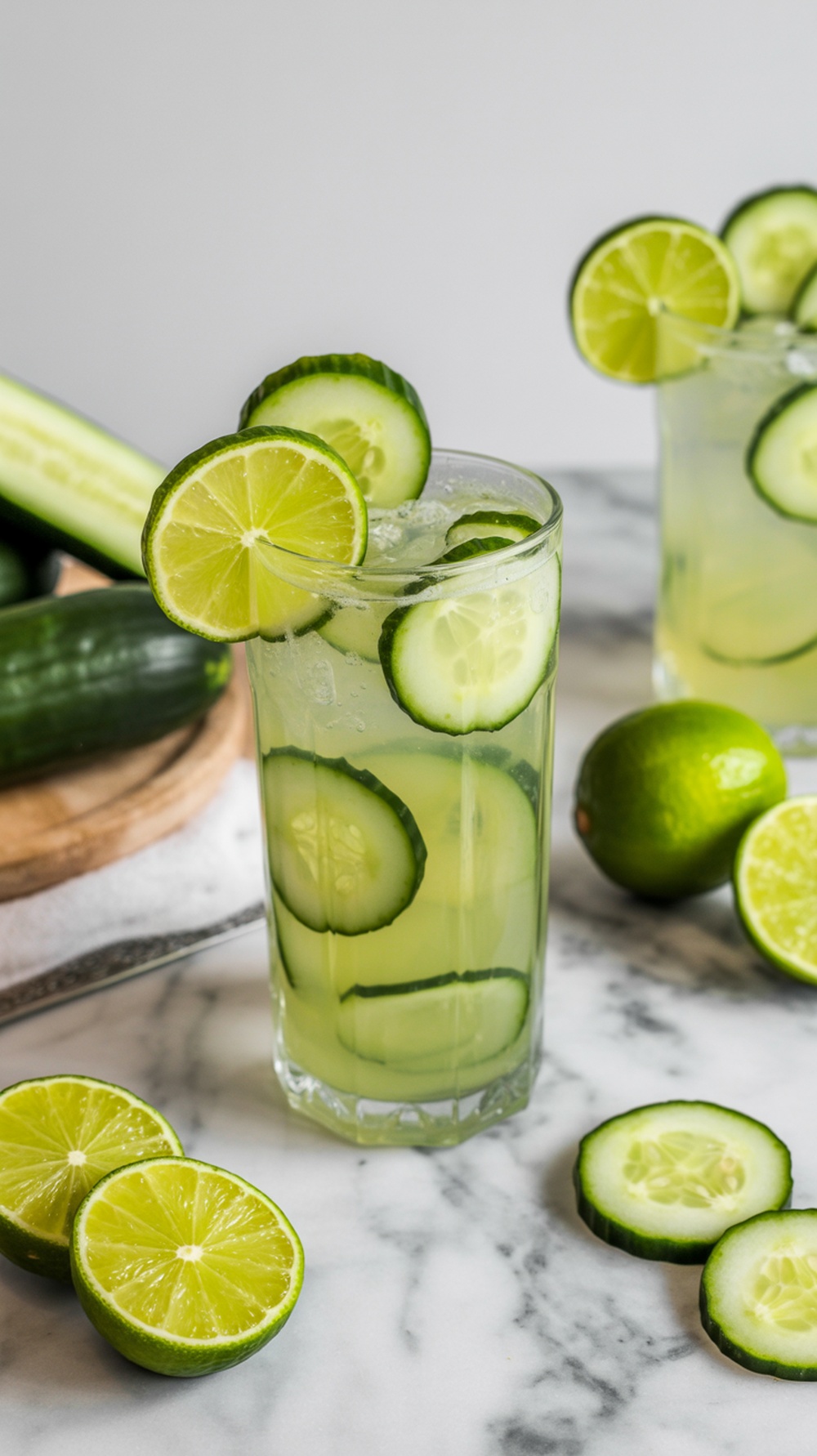 A refreshing Lime Cucumber Refresher Mocktail with lime and cucumber slices.