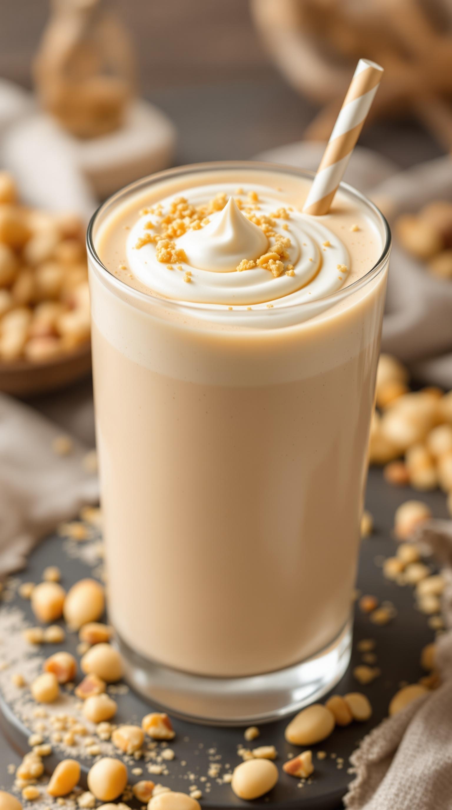 A creamy macadamia nut smoothie topped with whipped cream and crushed nuts.