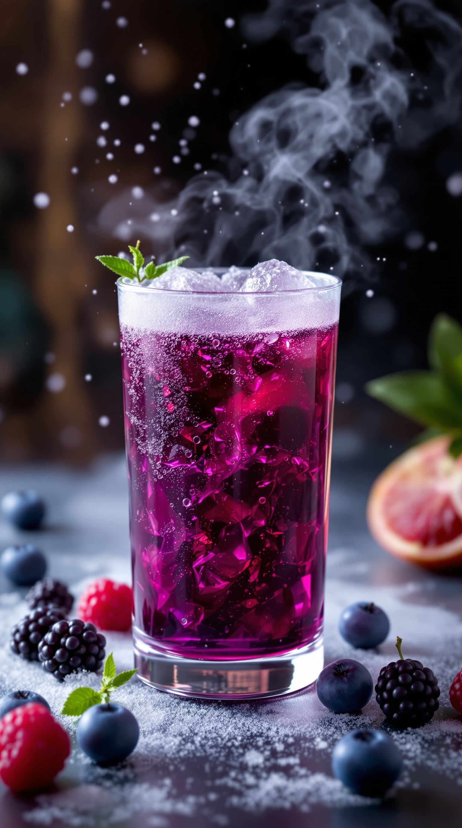 A vibrant berry mocktail with ice and mint, surrounded by fresh berries.