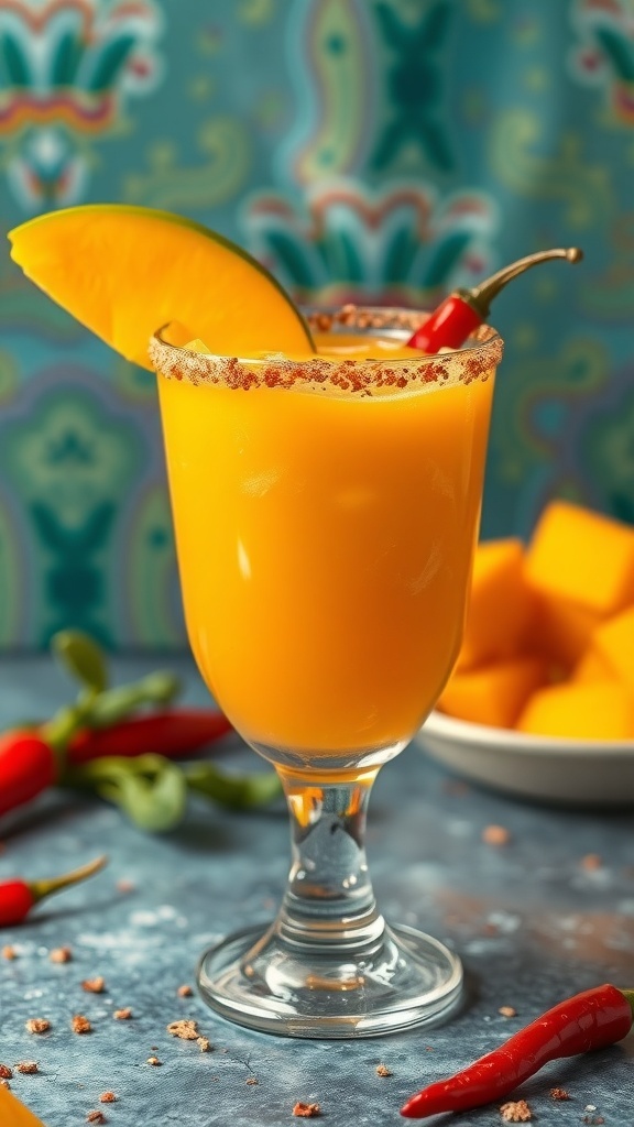 A vibrant Mango Chili Twist Mocktail garnished with a slice of mango and a chili pepper.