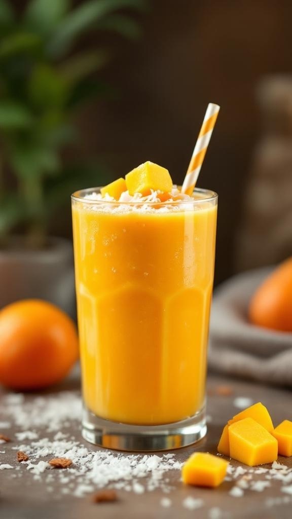 A vibrant mango coconut smoothie in a glass with a straw, garnished with mango pieces.