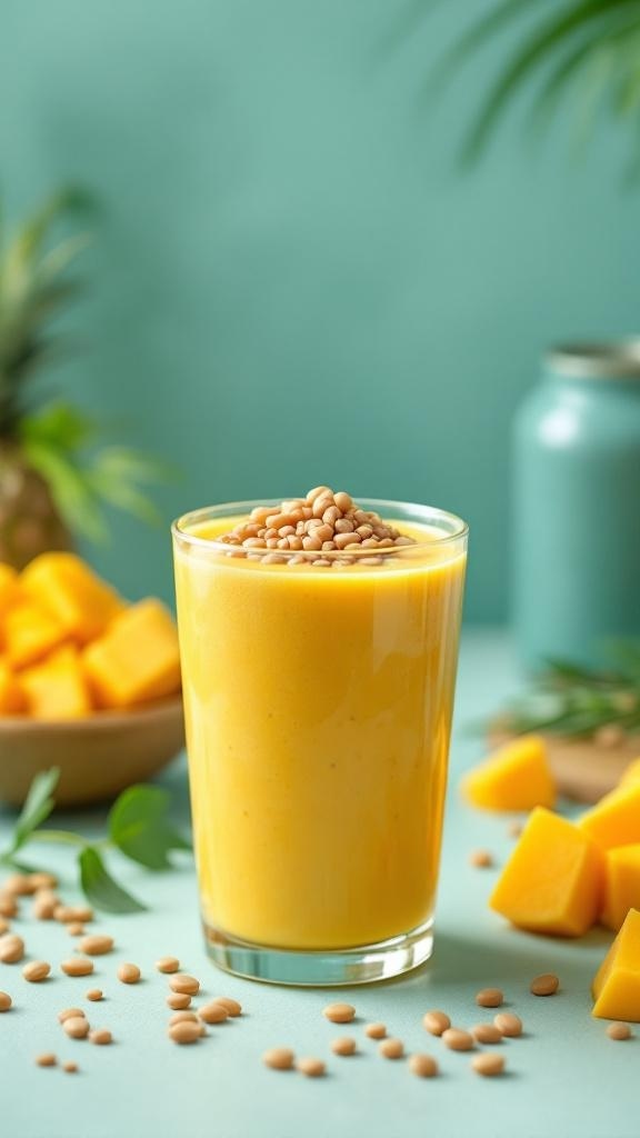 A glass of Mango Lentil Protein Smoothie topped with seeds, surrounded by mango chunks.