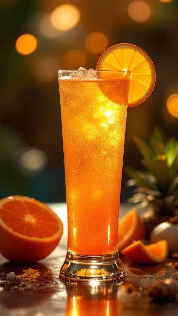 A vibrant Mango Orange Sunrise Mocktail garnished with an orange slice.