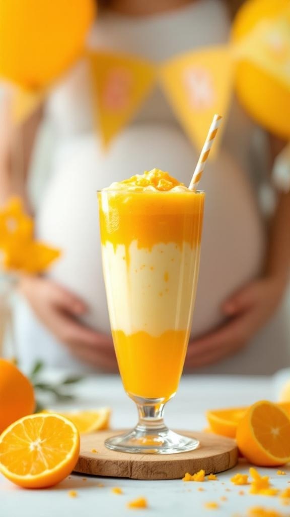 A vibrant Mango Orange Sunrise mocktail in a glass, surrounded by fresh oranges.