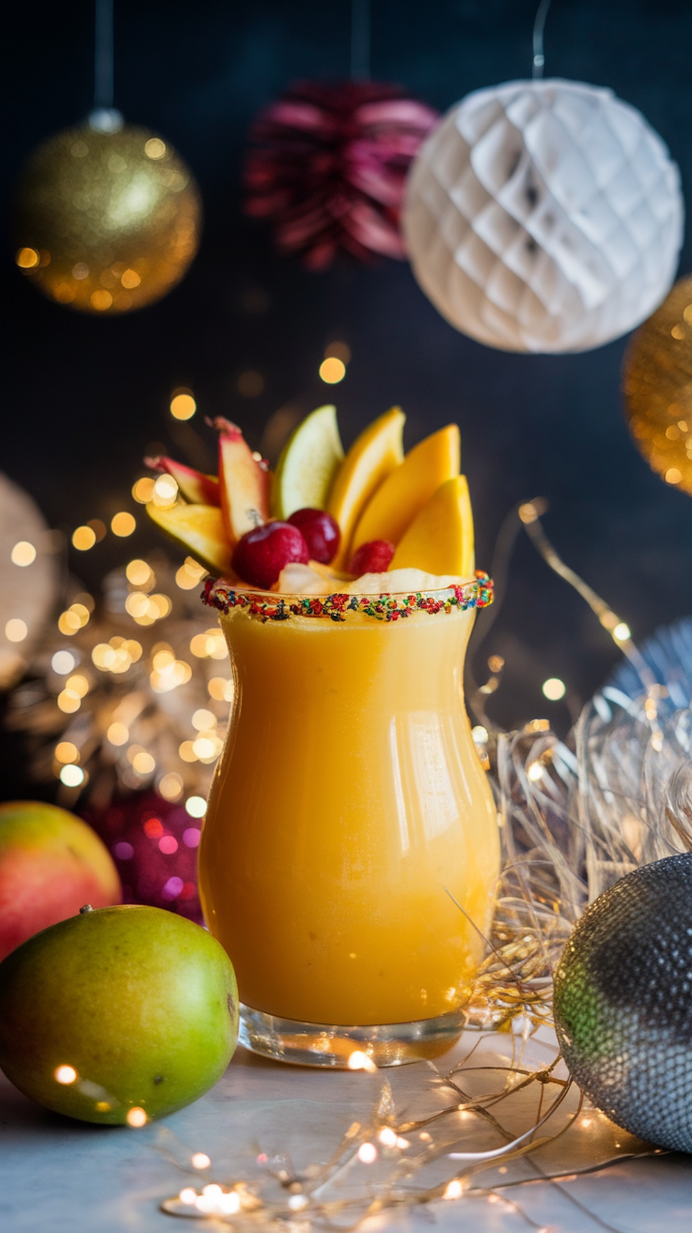 A vibrant Mango Passion Pop Mocktail garnished with fruits, set against a festive background.