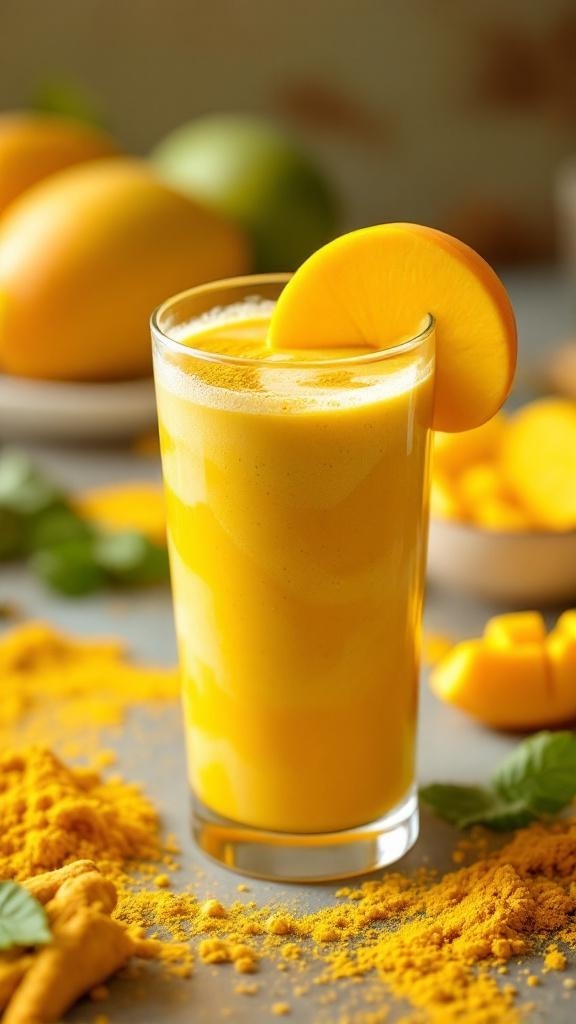 A vibrant mango turmeric smoothie in a glass, garnished with a slice of mango, surrounded by fresh mangoes and turmeric powder.