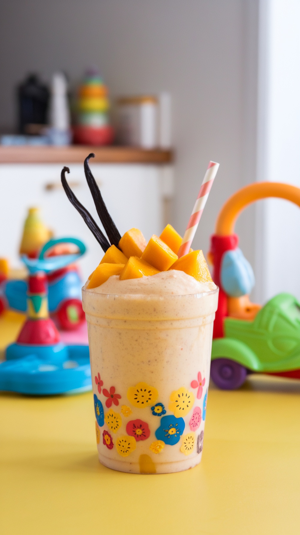 A colorful smoothie in a decorated cup with mango pieces on top.