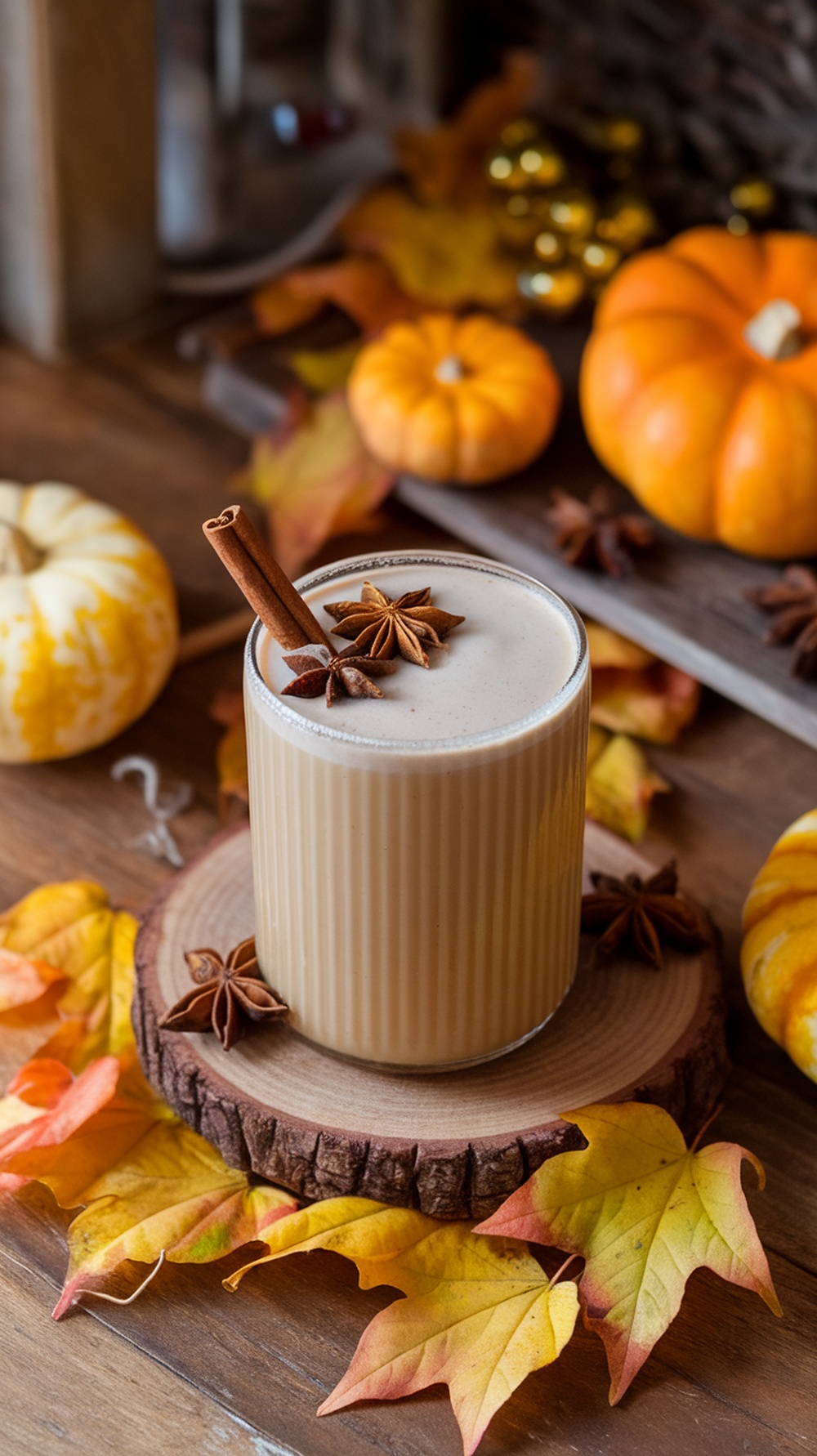 A glass of Maple Chai Mocktail garnished with cinnamon and star anise, surrounded by autumn leaves and pumpkins.