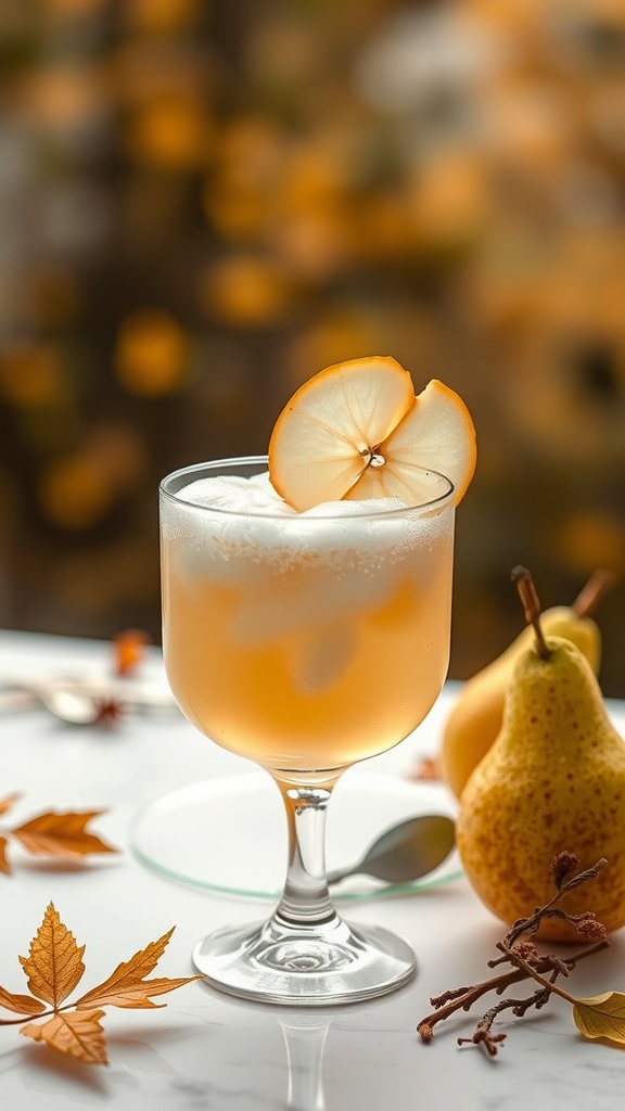A glass of Maple Pear Fizz Mocktail garnished with a pear slice, surrounded by autumn leaves and pears.