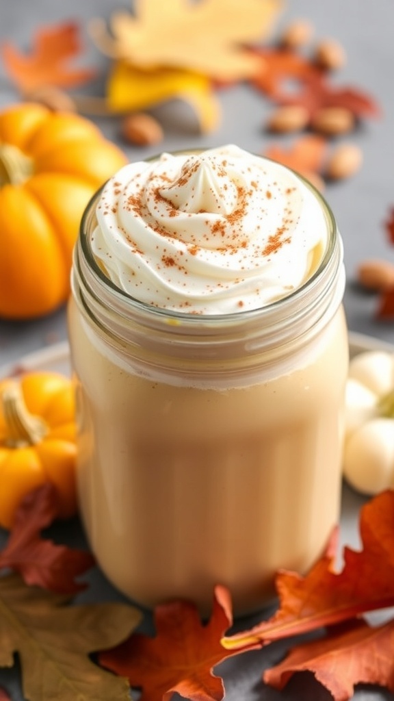 A creamy Maple Pumpkin Oat Smoothie topped with whipped cream and a straw, surrounded by autumn leaves and small pumpkins.
