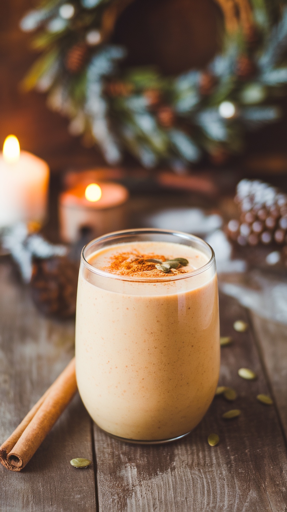 A creamy Maple Pumpkin Oatmeal Smoothie topped with spices, surrounded by candles and pinecones, evoking a warm winter vibe.