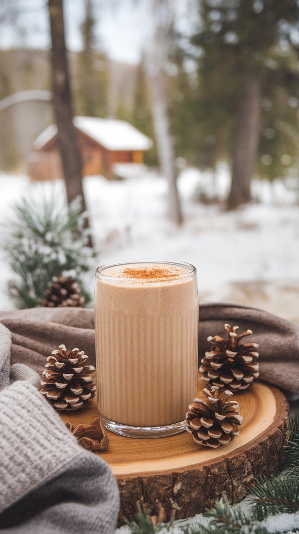 A glass of Maple Vanilla Chai Smoothie surrounded by pinecones and a cozy blanket in a winter setting.