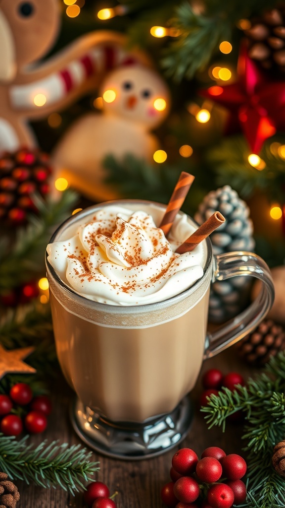 A festive maple vanilla latte mocktail topped with whipped cream, surrounded by Christmas decorations.