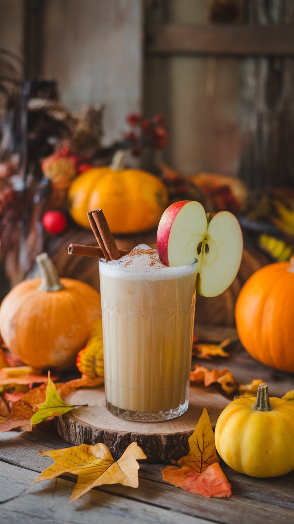 A Maple Vanilla Mocktail garnished with apple slices and cinnamon sticks, surrounded by autumn leaves and pumpkins.